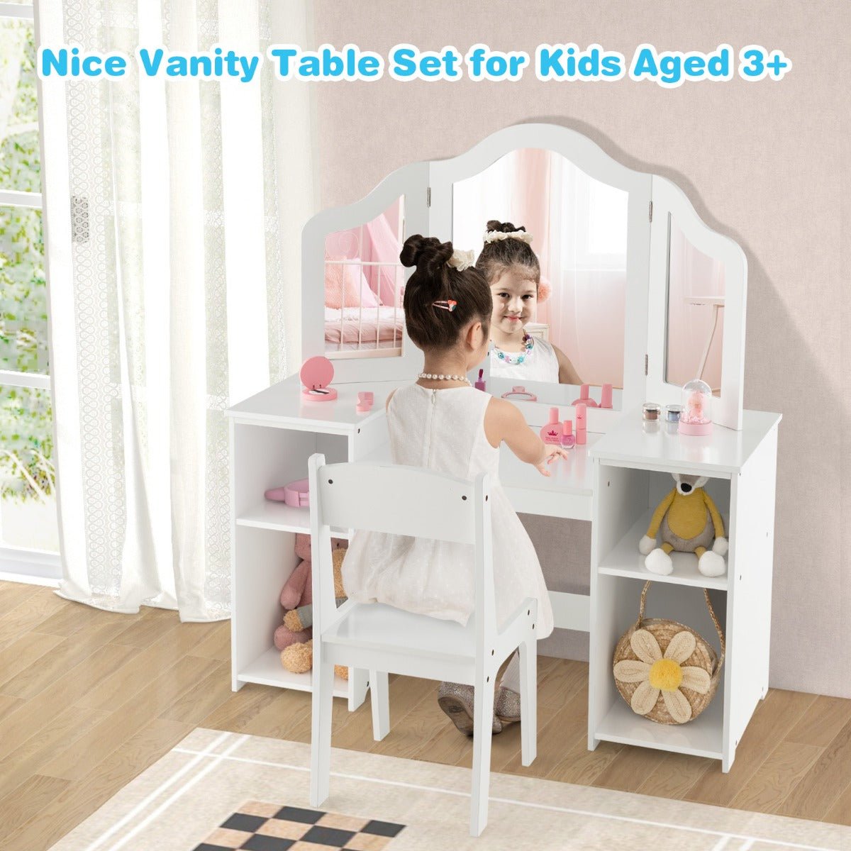 Kids vanity table and chair set with mirror for imaginative play and grooming fun.