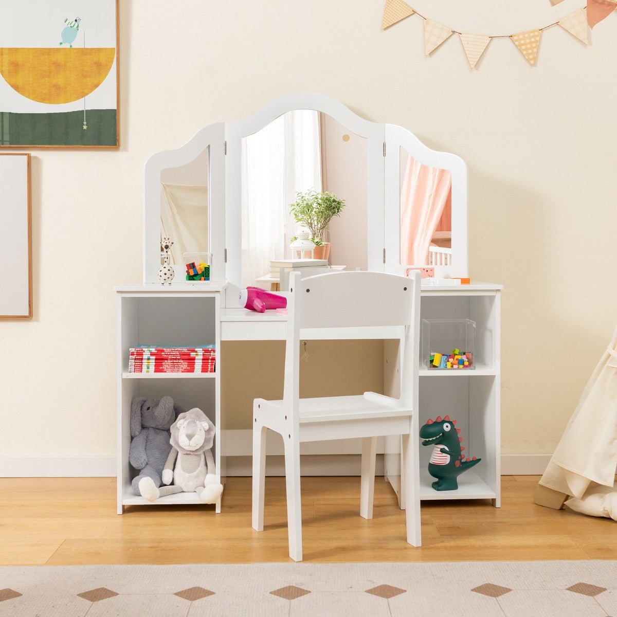 Kids 2-in-1 Vanity Table and Chair Set with Mirror, ideal for imaginative play at home.