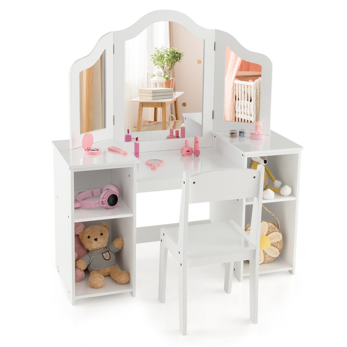 Childrens vanity table set with mirror, perfect for imaginative play and pretend dress-up.