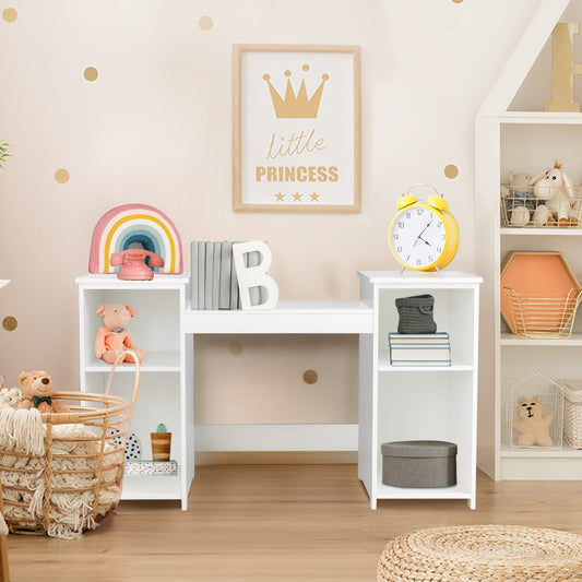 Kids princess vanity and writing table with storage shelves for imaginative play and organization.