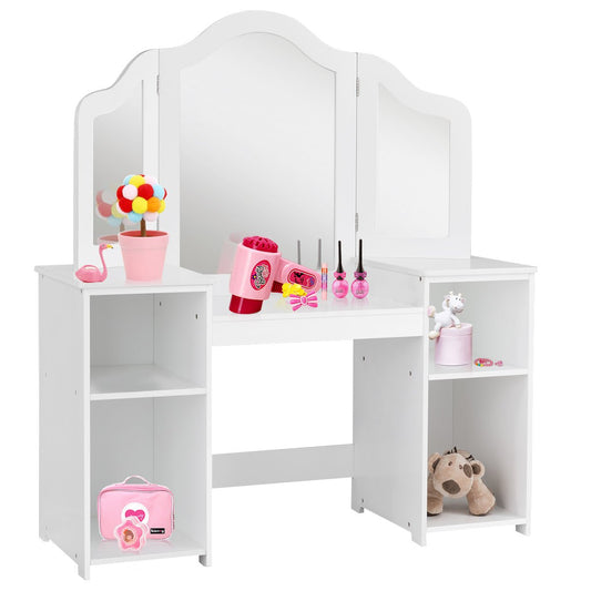 Kids Princess Vanity and Writing Table with Storage Shelves for imaginative play and organization.