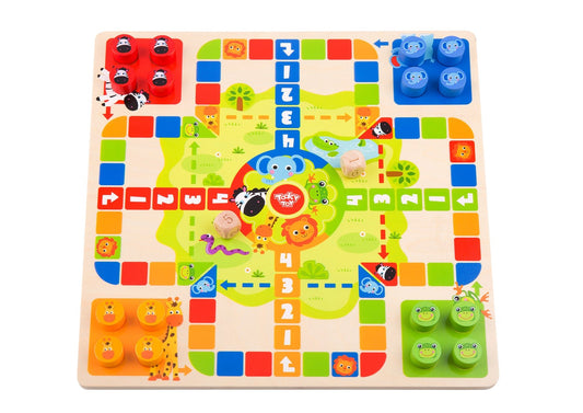 Wooden 2-in-1 board game with Ludo and Snakes and Ladders for kids home playtime.