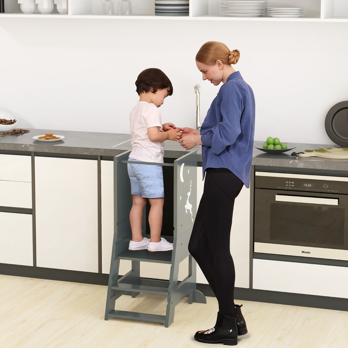 Costway 2-in-1 Baby Standing Tower with 3 water-based pens and Adjustable Footstep-Grey