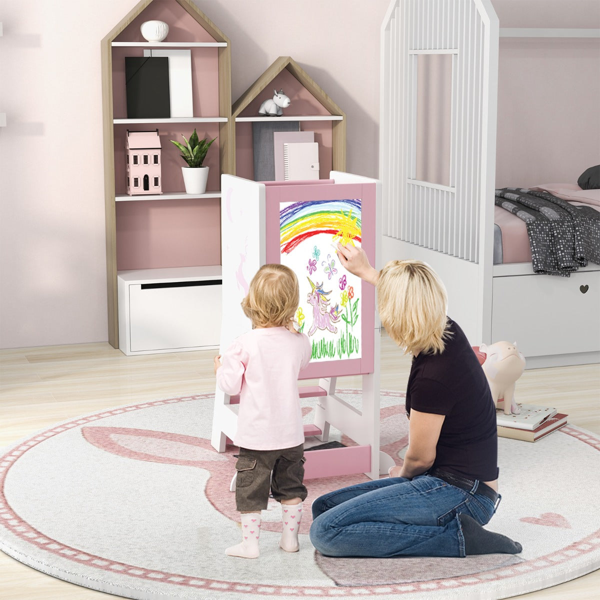 Costway 2-in-1 Baby Standing Tower with 3 water-based pens and Adjustable Footstep-Pink