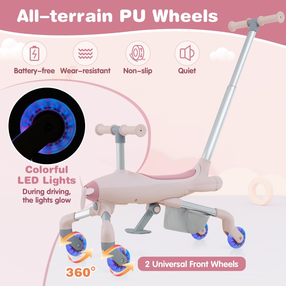 Pink 2 in 1 Kids Push Car with LED Wheels | 18-70 Months