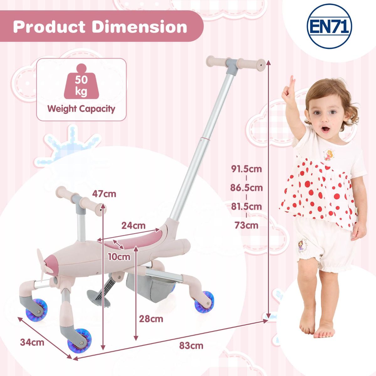 Pink 2 in 1 Kids Push Car with LED Wheels | 18-70 Months