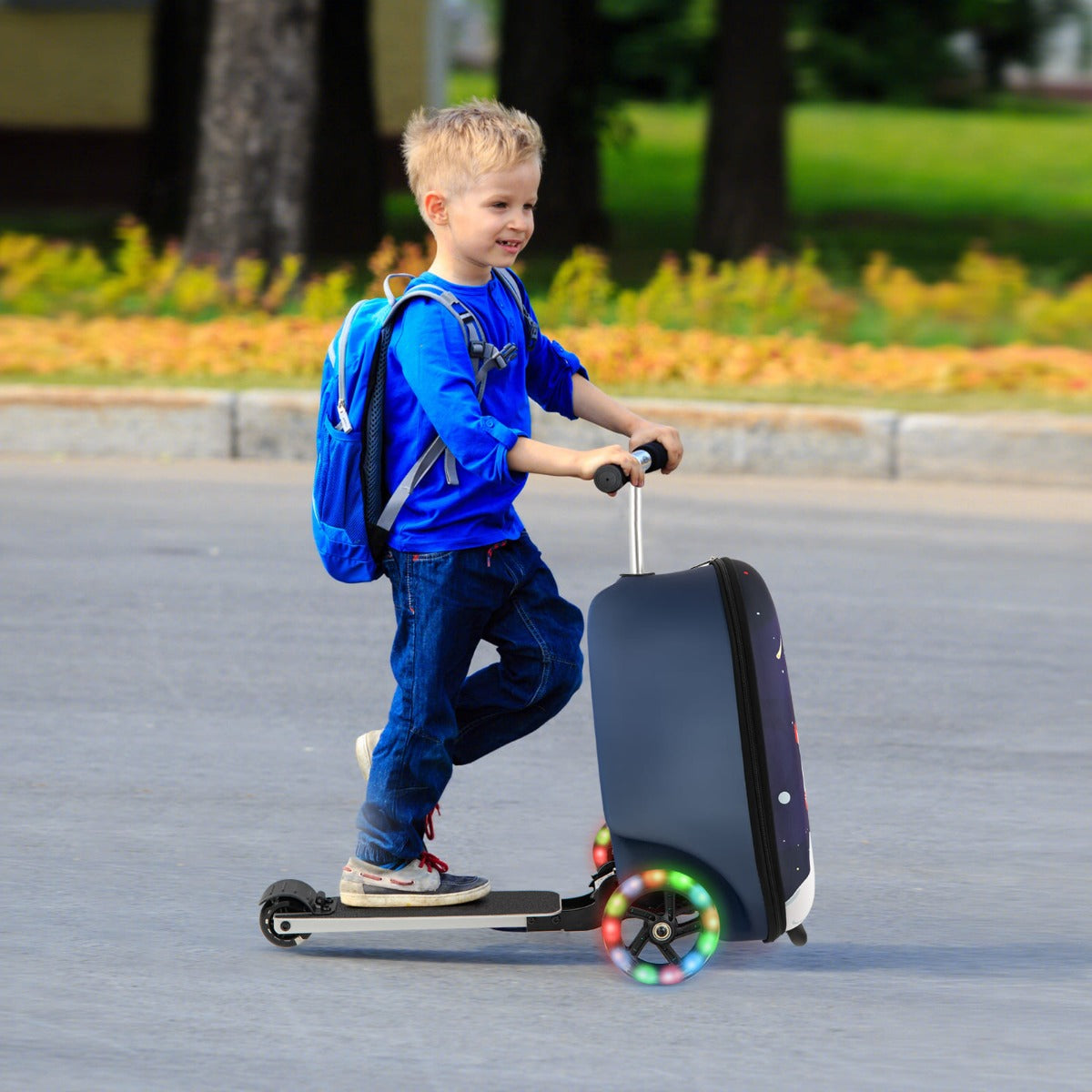 Kids blue and white light-up skateboard luggage scooter - fun and functional travel companion.