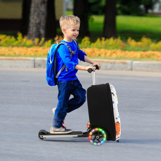 Kids scooter luggage featuring light-up wheels for fun and convenient travel.