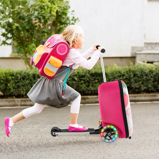 Pink Shark Kids Scooter Luggage with Light-Up Wheels | 2-in-1 Skateboard Suitcase for Travel.