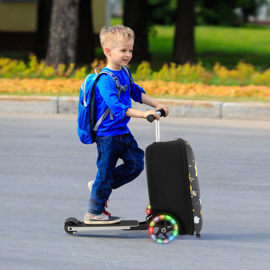 Kids 2-in-1 Skateboard Luggage Scooter with Light-Up Wheels - Black and Yellow for fun travel adventures.