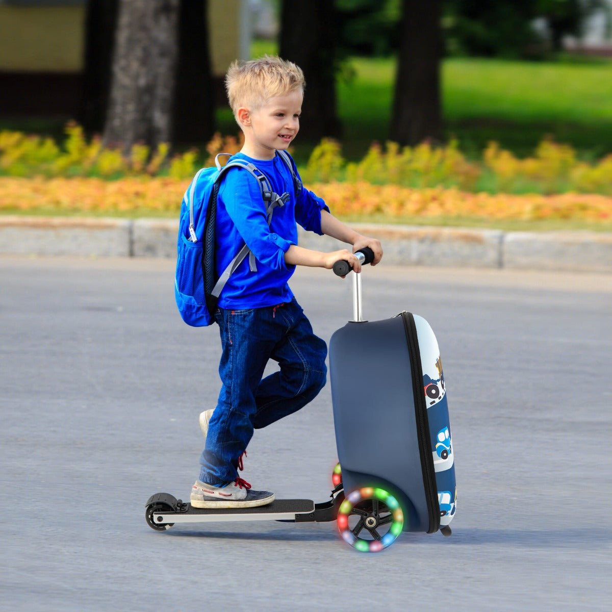 Kids scooter luggage with light-up wheels for travel, ideal for children 5+ years.