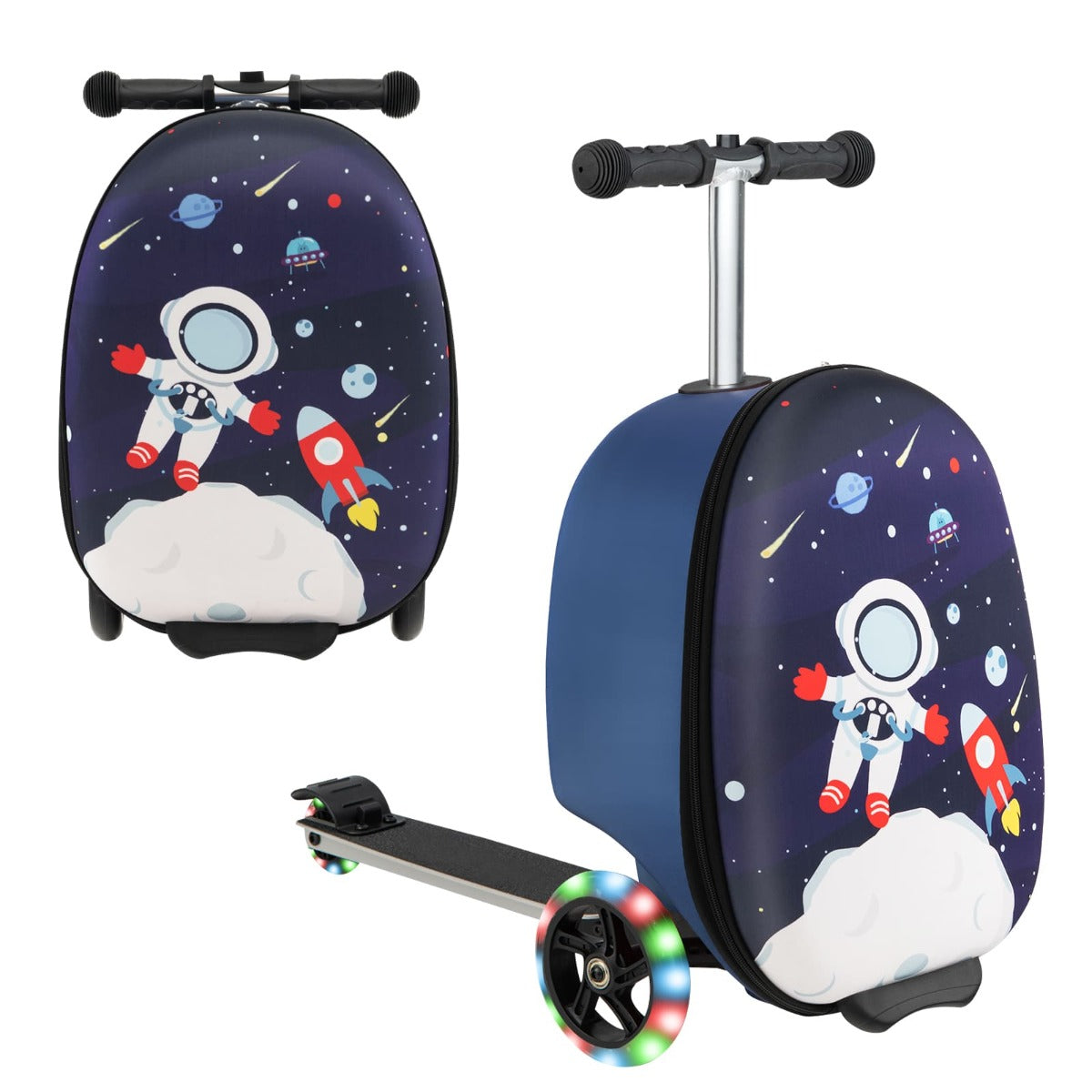 Kids 2-in-1 Light-Up Skateboard Luggage Scooter in Blue and White - Fun travel accessory.