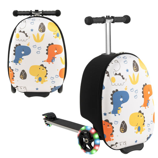 Kids scooter luggage with light-up wheels, ideal for travel, doubles as skateboard suitcase.