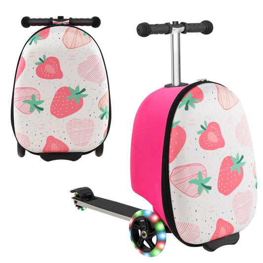 Pink Shark Kids Scooter Luggage with Light-Up Wheels, a fun 2-in-1 Skateboard Suitcase for Travel.