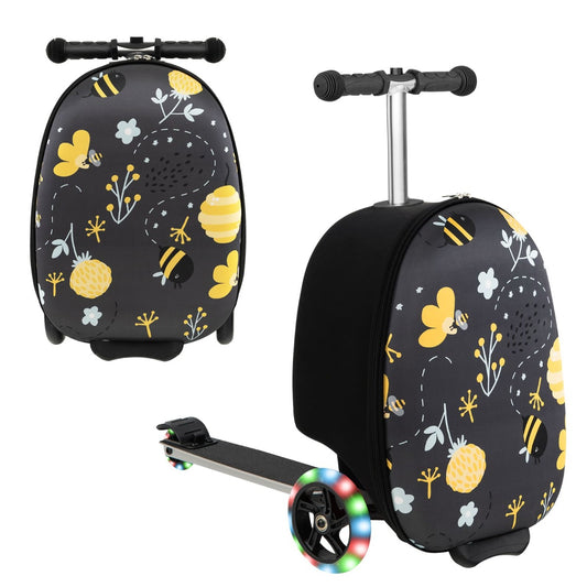 Kids skateboard luggage scooter with light-up wheels in black and yellow for fun travel.