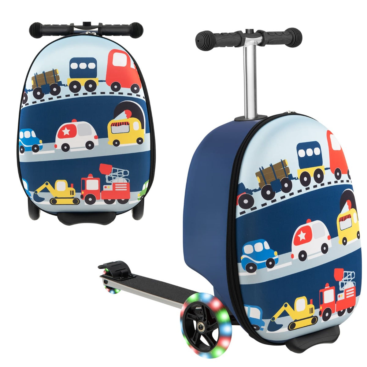 Childs scooter luggage with illuminated wheels, ideal for travel and play for kids 5+.