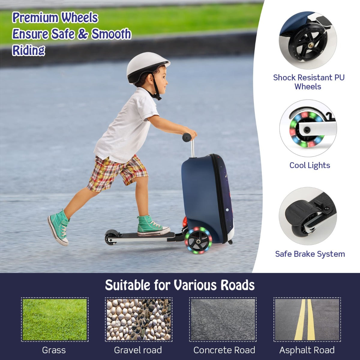 Kids 2-in-1 Light-Up Skateboard Luggage Scooter in Blue and White for convenient travel fun.