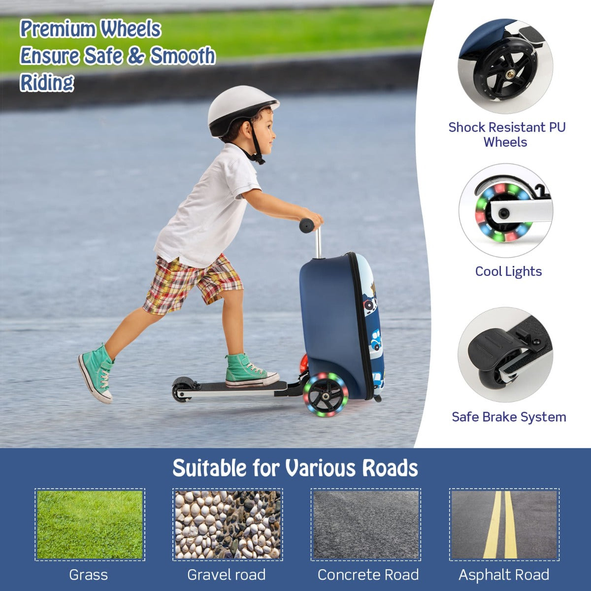 Kids scooter luggage with light-up wheels, ideal for travel, age 5+.