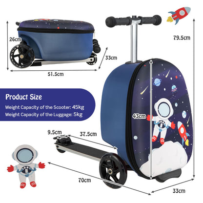 Blue and white light-up skateboard luggage scooter, perfect for kids travel and play.