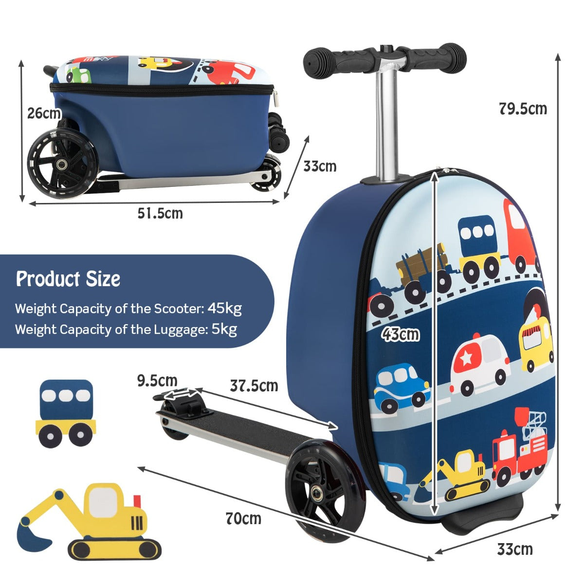 Kids scooter luggage with light-up wheels for travel, ages 5+. Convenient, fun, and practical.