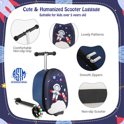 Blue and white light-up skateboard luggage scooter, perfect for kids travel and home fun.