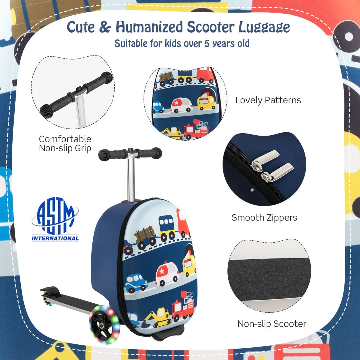 Kids scooter luggage with light-up wheels, great for travel and play â€“ ages 5+.