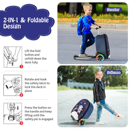 Kids 2-in-1 Light-Up Skateboard Luggage Scooter - Blue and White, perfect for fun travel essentials.