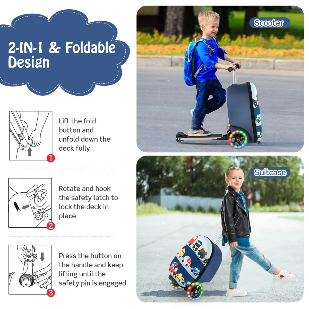 Kids 2-in-1 Scooter Luggage with Light-Up Wheels - Travel Suitcase for Children 5+ Kids.