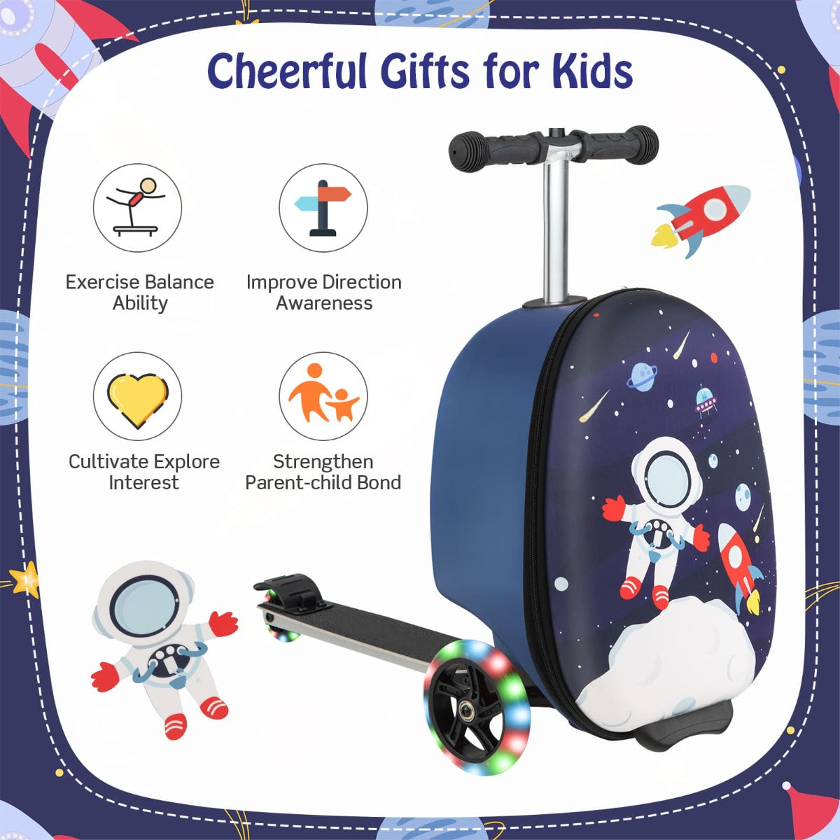 Kids blue and white light-up skateboard luggage scooter - fun travel companion for kids.