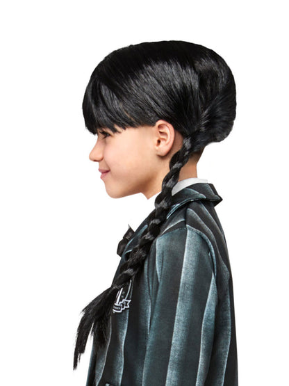 Kids Wednesday Addams black braided wig for Netflix costume, perfect for dress-up play at home.