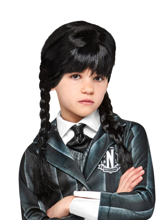 Kids black braided wig for Wednesday Addams costume, authentic Netflix design for dress-up.