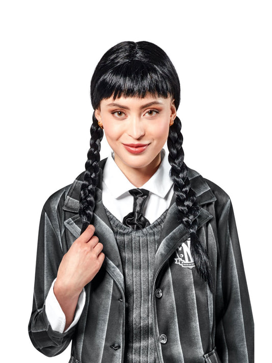 Adult Wednesday Addams wig for dress-up, long black style for kid-friendly costume play.