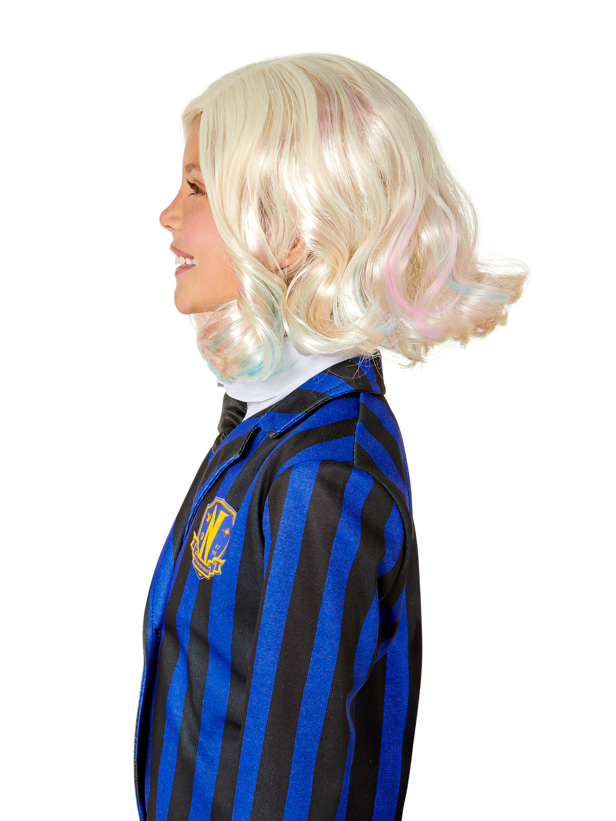 Kids blonde wig styled for Wednesday costume, inspired by Netflix series. Perfect for dress-up.