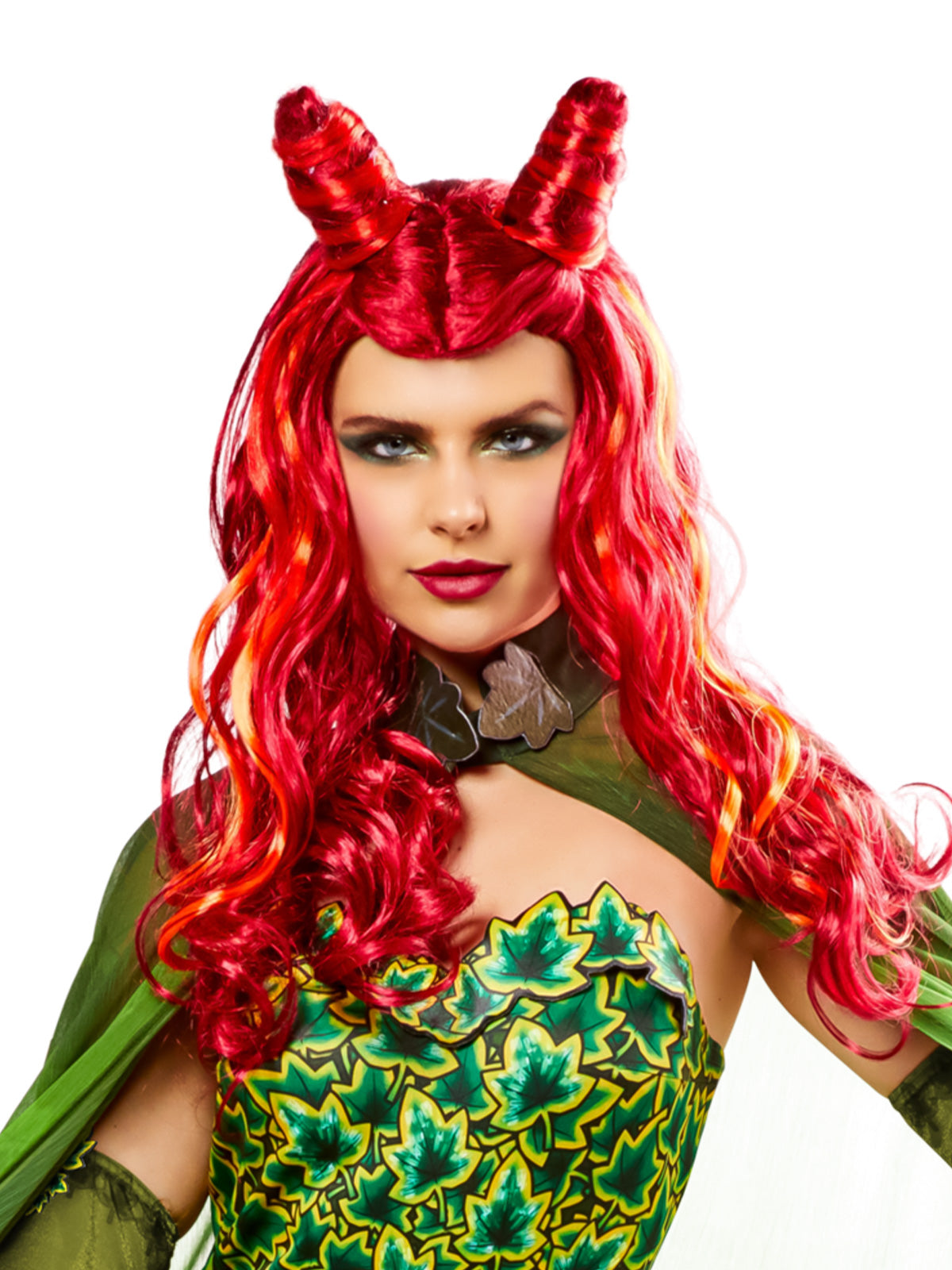 Vibrant red wavy Poison Ivy wig transforms wearers into the iconic DC villain for cosplay and Halloween.