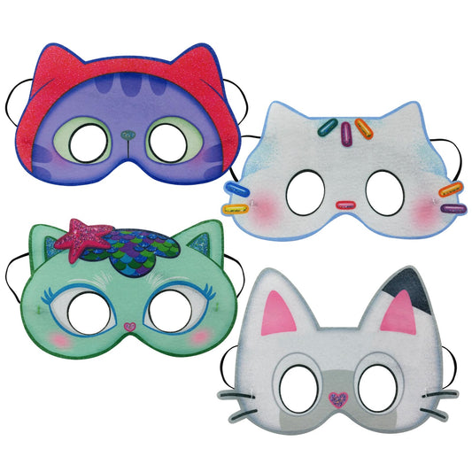 Gabbys Dollhouse 4-pack cat felt masks set, official licensed kids imaginative play accessory.