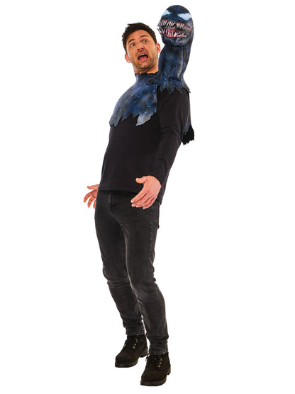 Venom Symbiote costume top features 3D muscle details and striking black and blue design for Marvel fans.