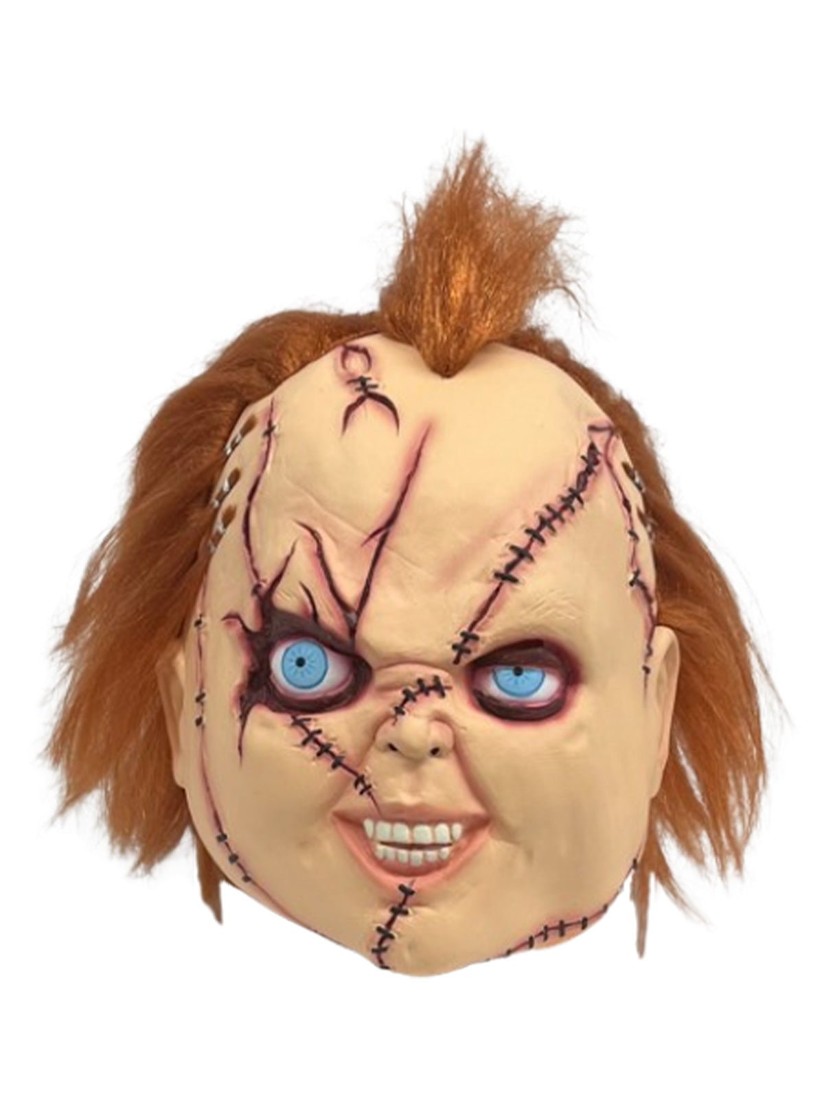 Official Chucky three-quarter face mask brings the iconic horror villain to life for Halloween costumes and cosplay.