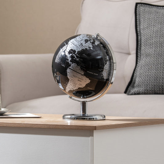 20cm Metallic Black World Globe | 360° Rotation Metal Stand