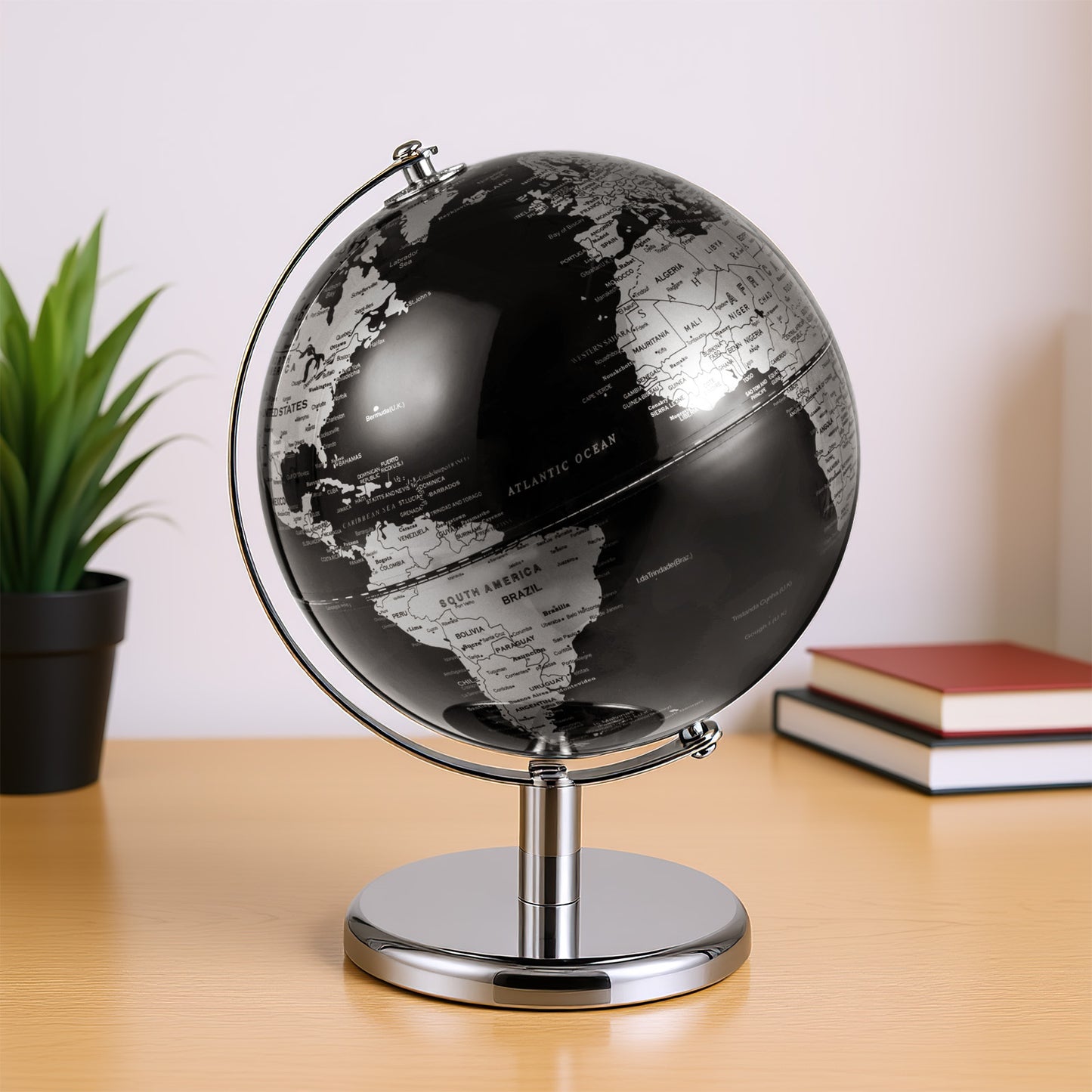 20cm Metallic Black World Globe | 360° Rotation Metal Stand
