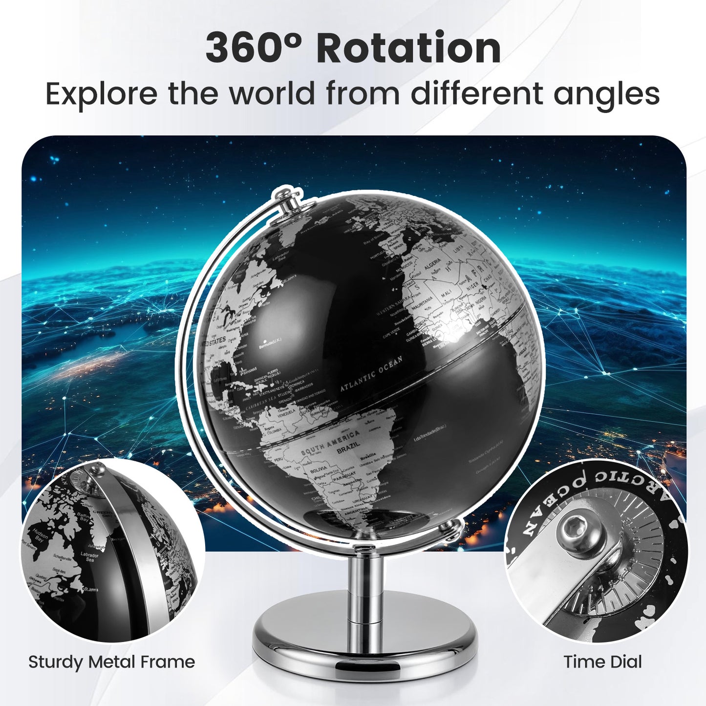 20cm Metallic Black World Globe | 360° Rotation Metal Stand