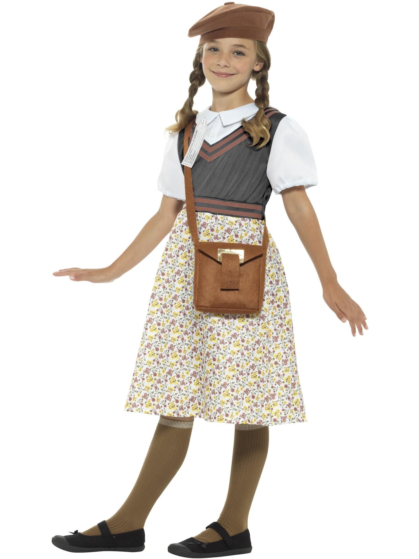 WW2 Evacuee Girl Costume | Grey Pinafore Dress & Hat Set Kids