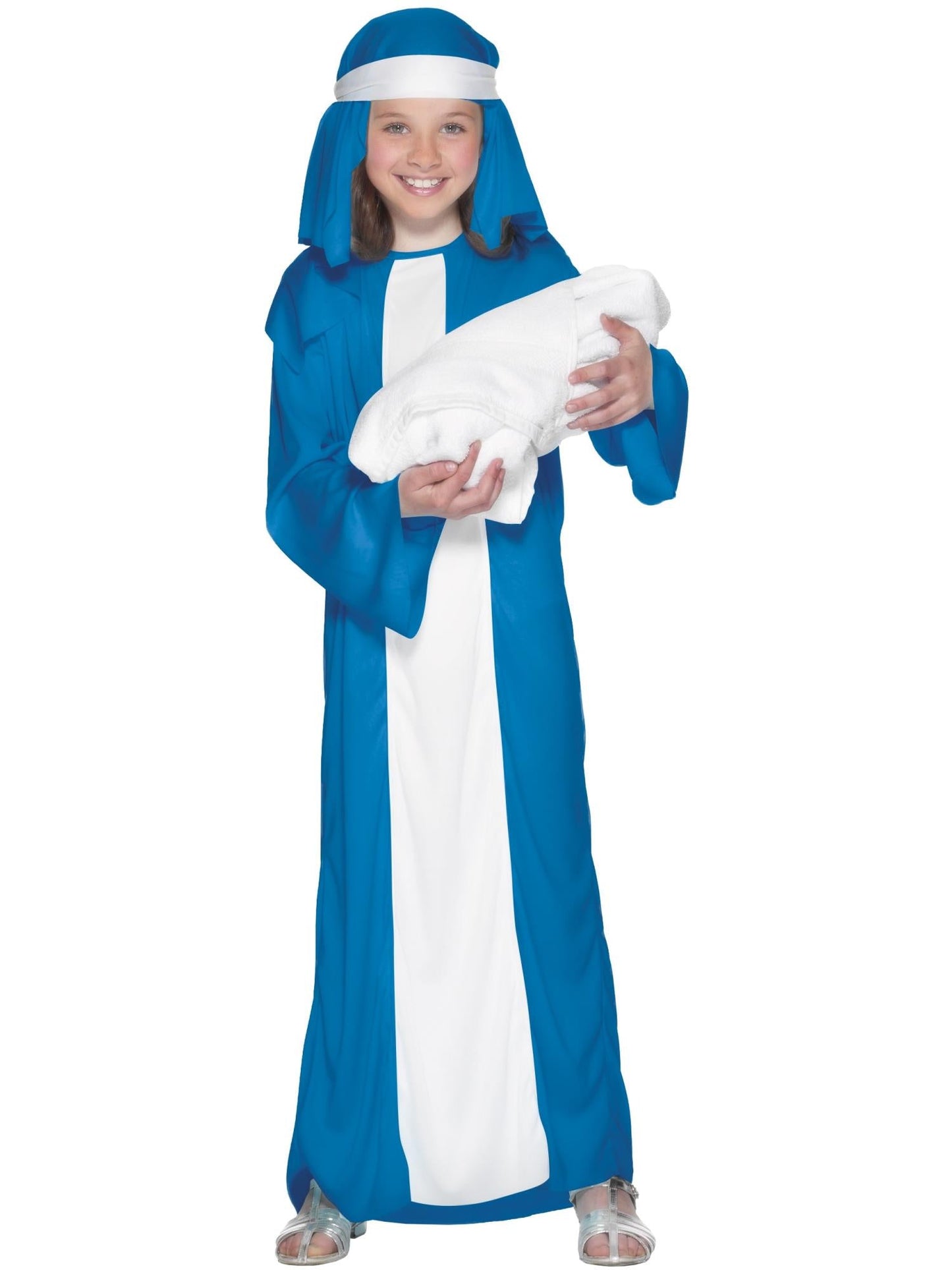 Blue Mary Nativity Costume with White Panel | Hooded Robe Dress
