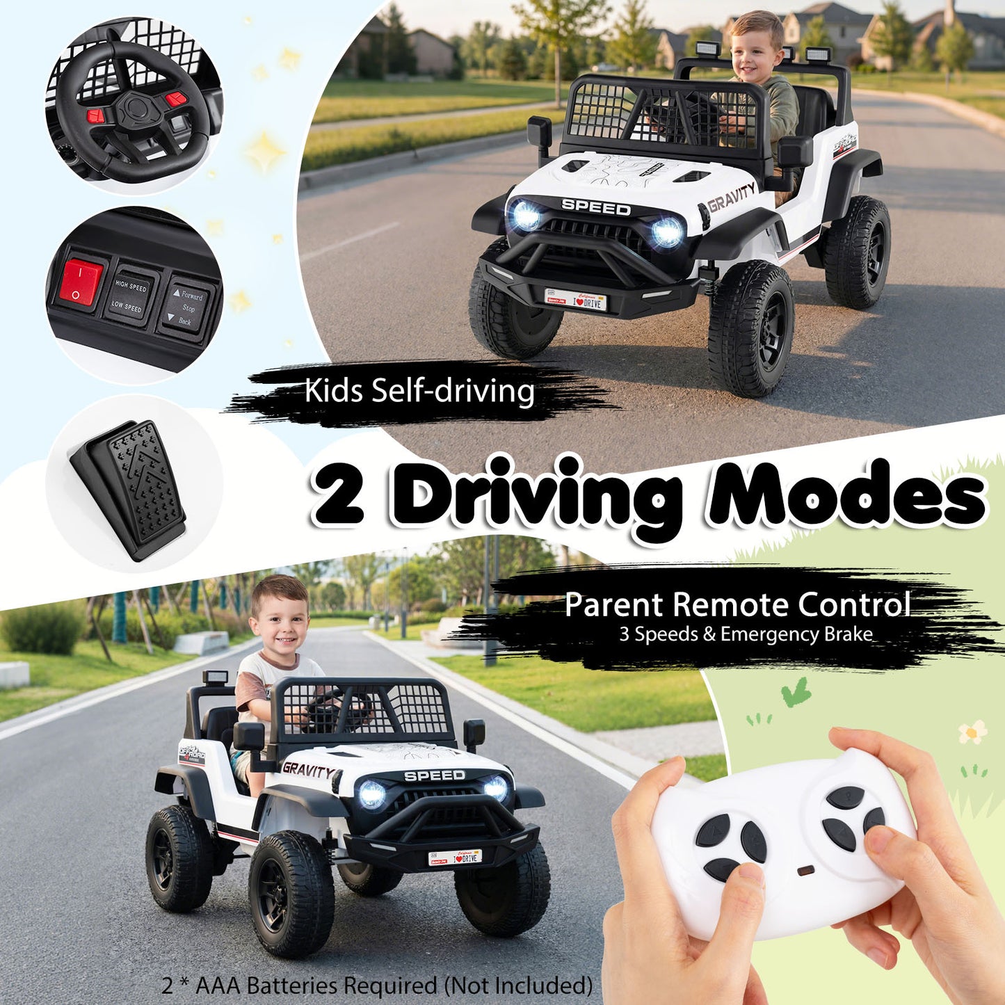 White 24V Kids Ride-On Car | Dual Motors LED Lights Remote