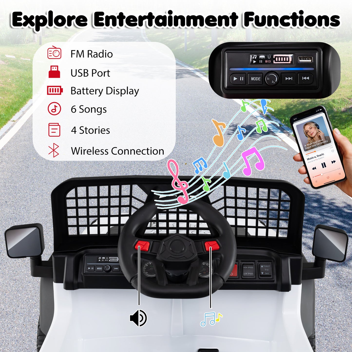 White 24V Kids Ride-On Car | Dual Motors LED Lights Remote