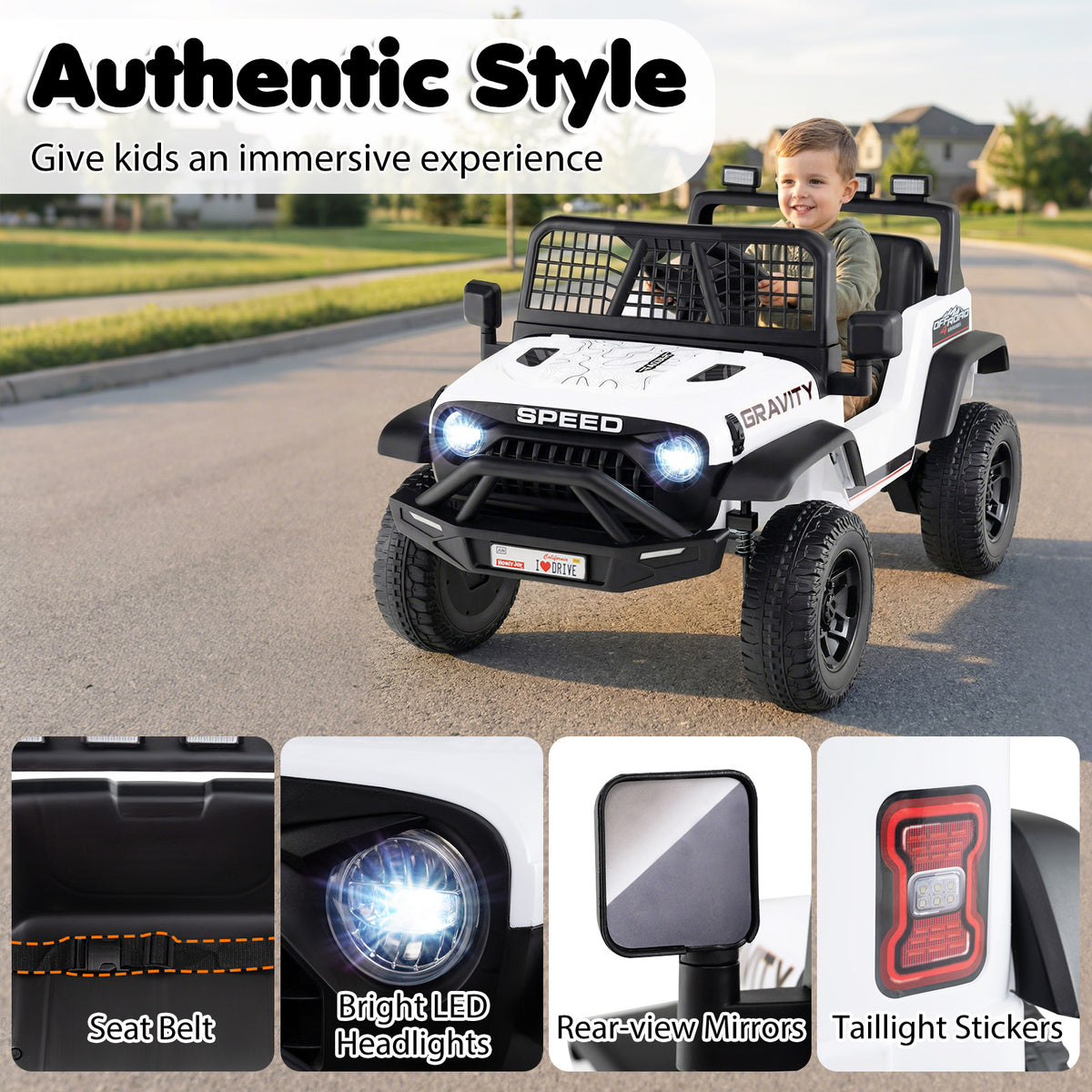 White 24V Kids Ride-On Car | Dual Motors LED Lights Remote