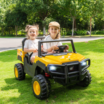 24V Yellow Caterpillar UTV Ride On 4WD | Dump Bed & LED Lights