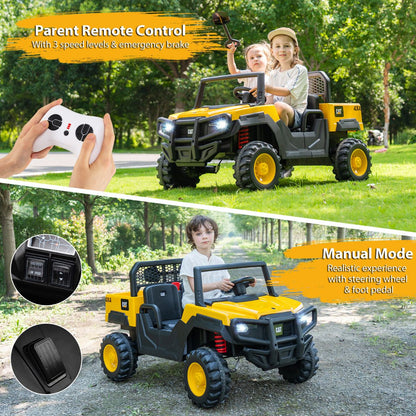 24V Yellow Caterpillar UTV Ride On 4WD | Dump Bed & LED Lights