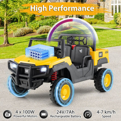 24V Yellow Caterpillar UTV Ride On 4WD | Dump Bed & LED Lights