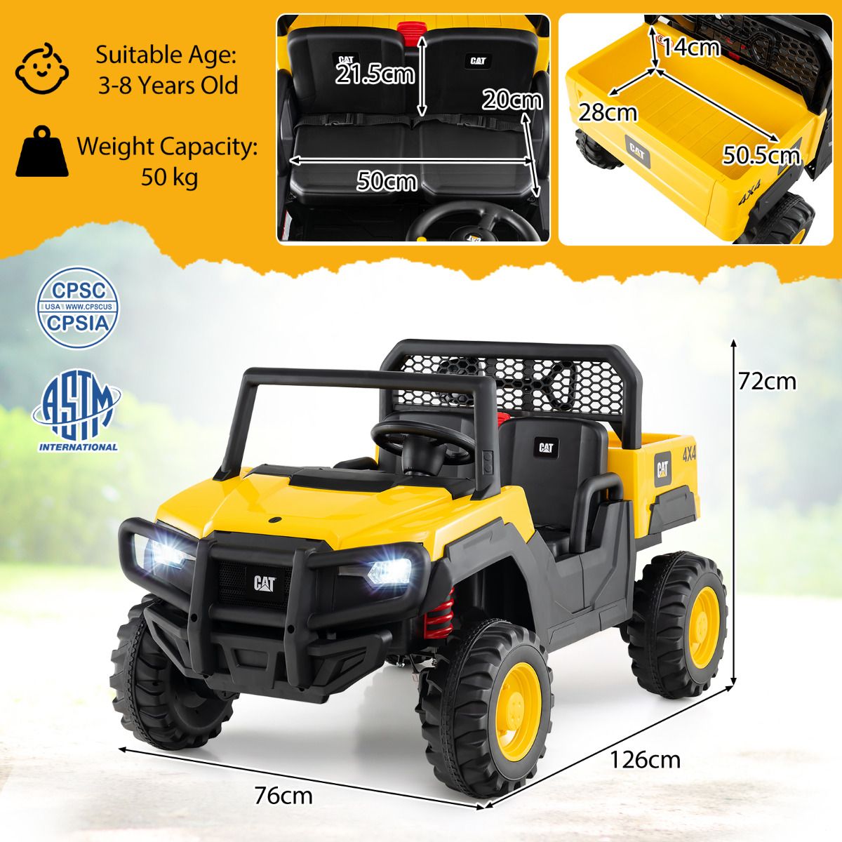 24V Yellow Caterpillar UTV Ride On 4WD | Dump Bed & LED Lights