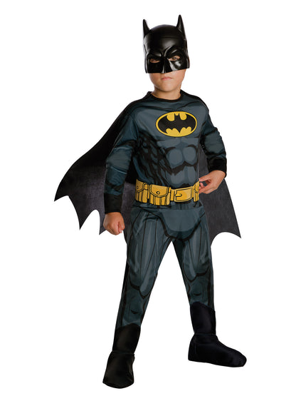 Kids Batman jumpsuit costume with cape and mask for imaginative play at home.